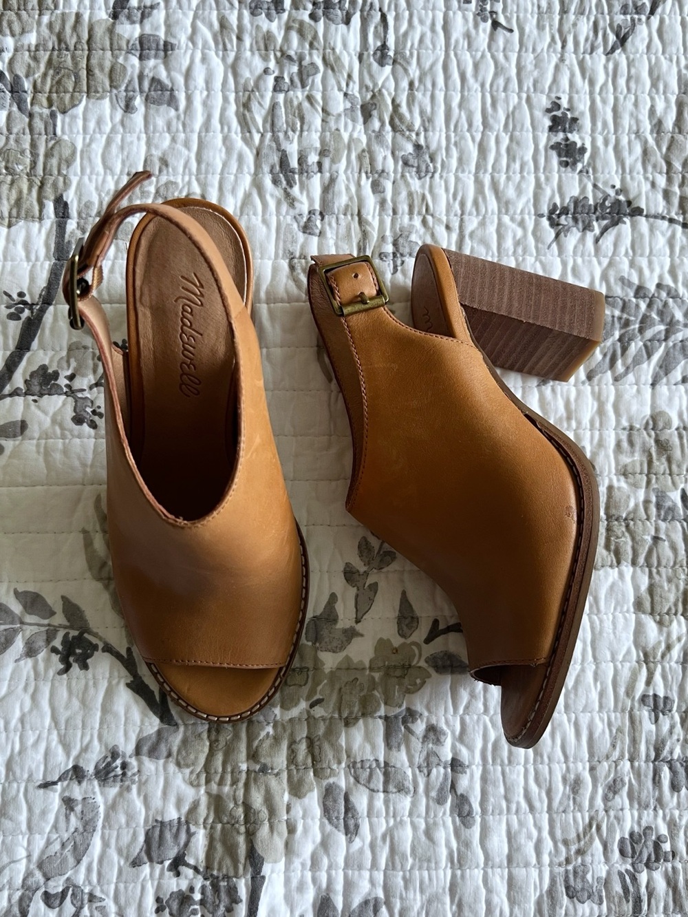 Madewell Leather Slingback Block Heel Open Toe Mules in Brown • 6